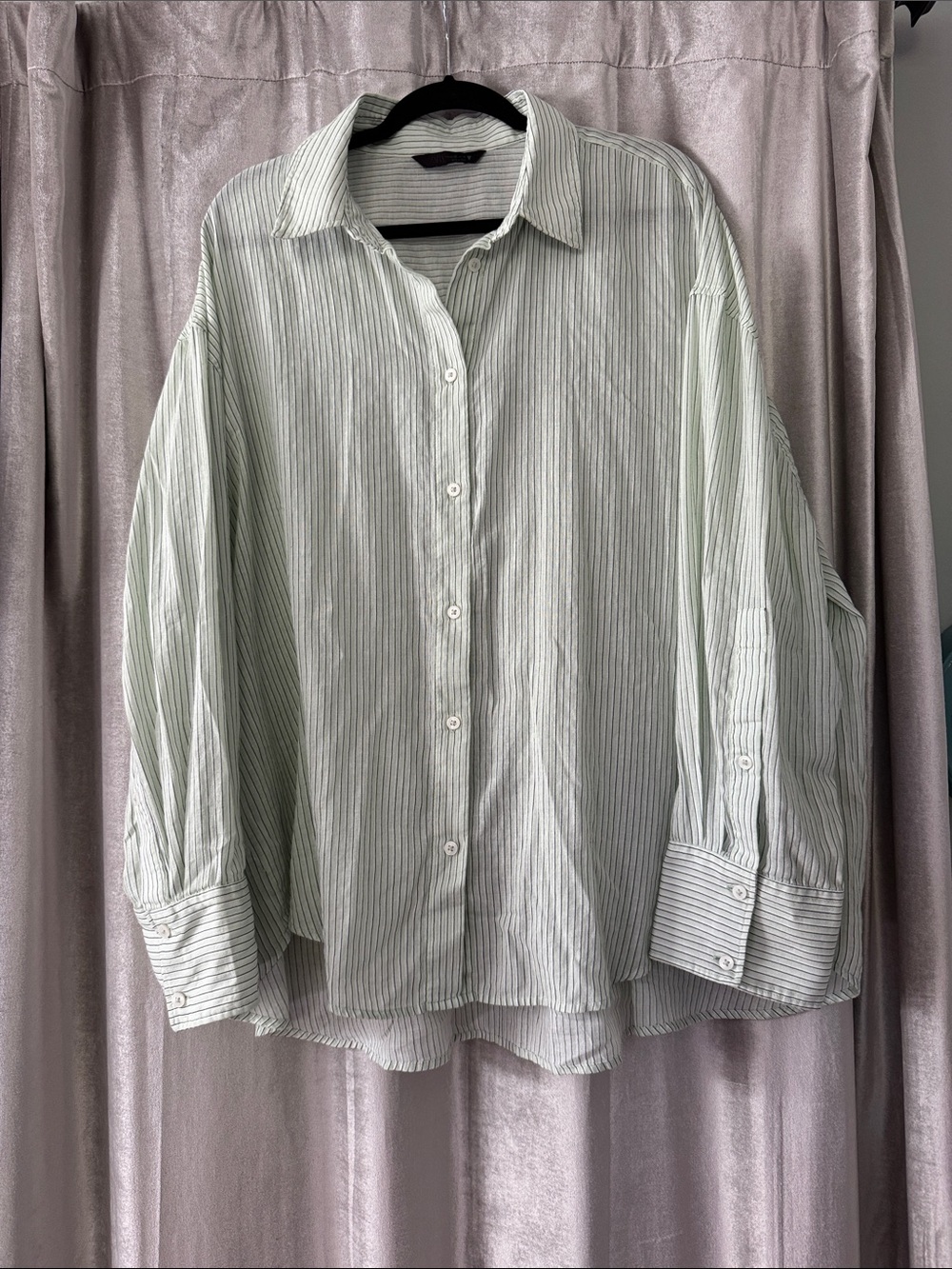 Zara Light Green and White Striped Button-Down Shirt
